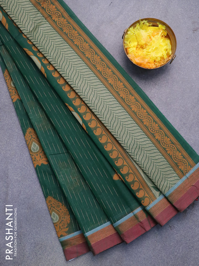 Nithyam cotton saree dark green and dual shade of maroon with allover thread weaves & buttas and zari woven border