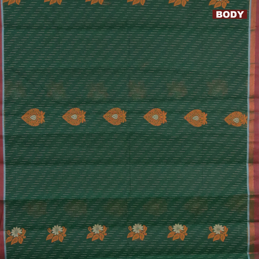 Nithyam cotton saree dark green and dual shade of maroon with allover thread weaves & buttas and zari woven border