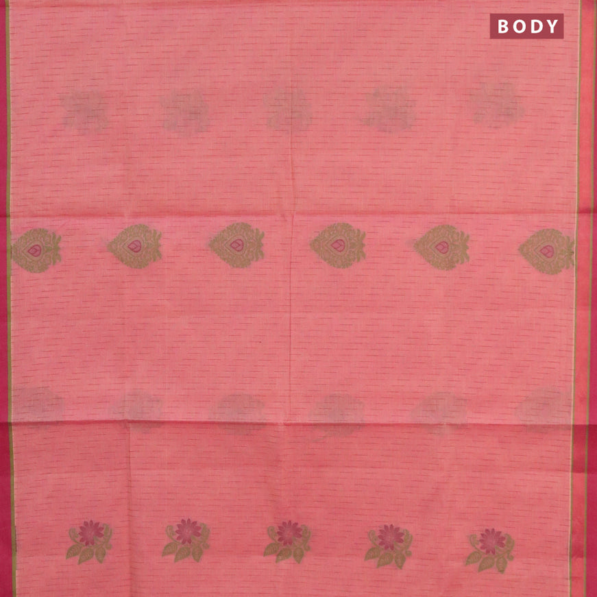 Nithyam cotton saree peach shade and maroon with allover thread weaves & buttas and zari woven border