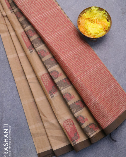 Nithyam cotton saree beige and brown shade with thread woven buttas and piping border