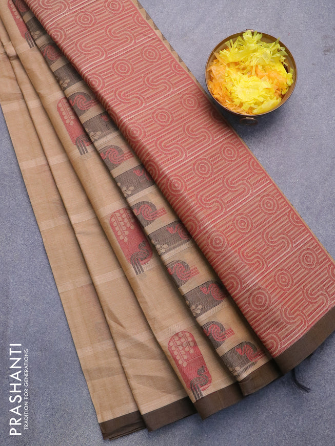 Nithyam cotton saree beige and brown shade with thread woven buttas and piping border