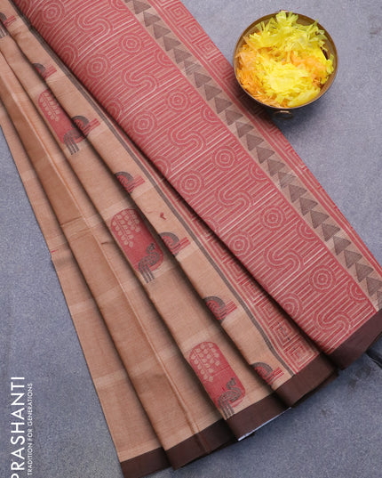 Nithyam cotton saree beige and coffee brown with thread woven buttas and piping border