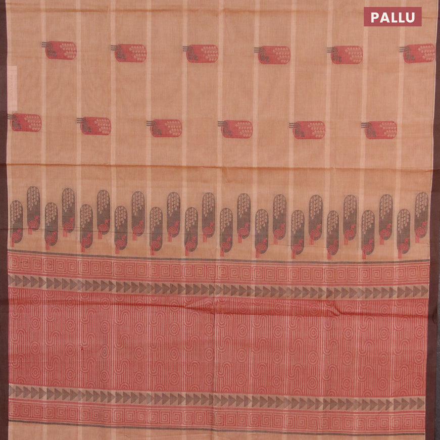 Nithyam cotton saree beige and coffee brown with thread woven buttas and piping border