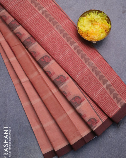 Nithyam cotton saree rust shade and brown with thread woven buttas and piping border