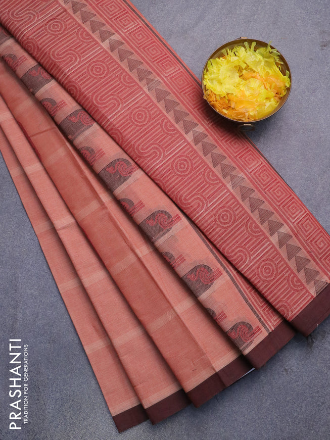 Nithyam cotton saree rust shade and brown with thread woven buttas and piping border