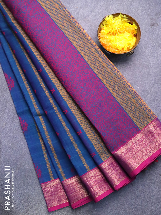 Nithyam cotton saree peacock blue and purple with allover thread weaves & buttas and zari woven border