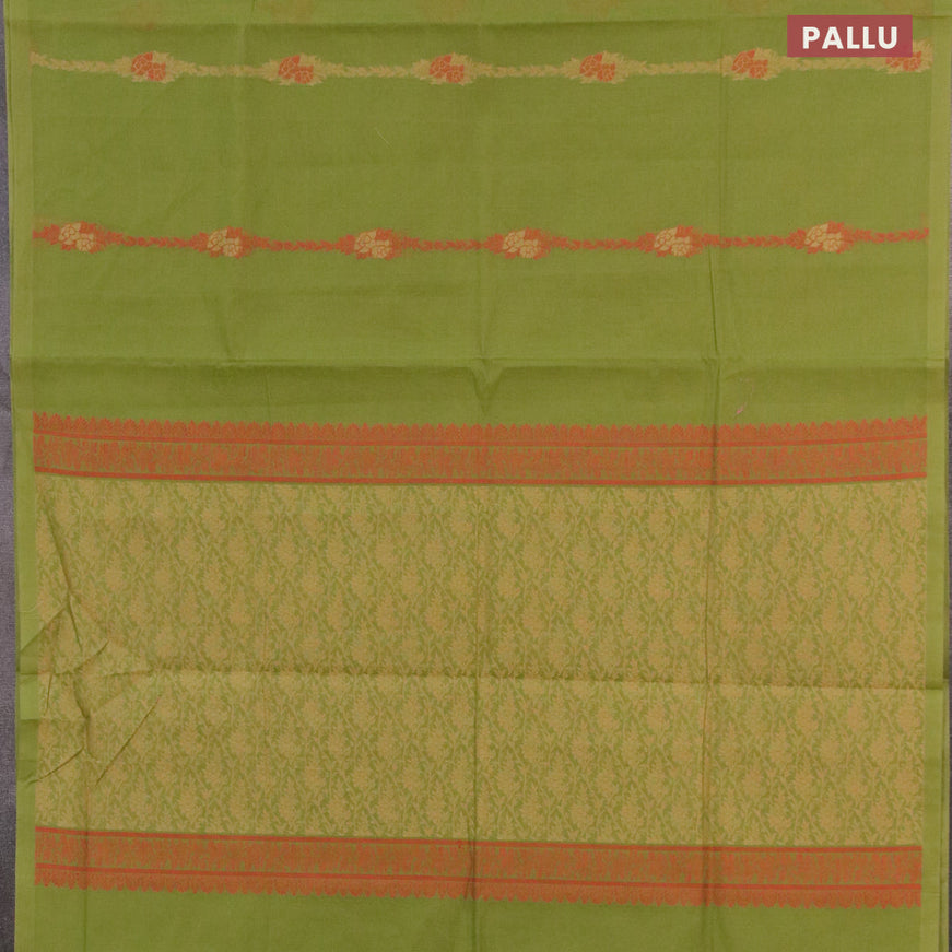 Nithyam cotton saree green with floral thread woven buttas in borderless style