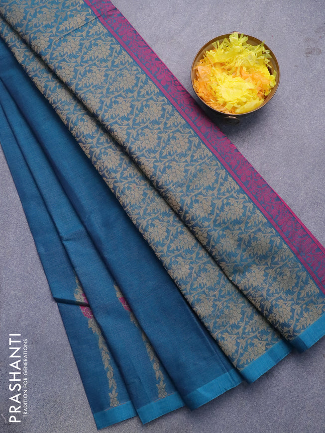 Nithyam cotton saree cs blue with floral thread woven buttas in borderless style