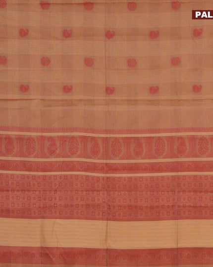 Nithyam cotton saree dark sandal and maroon with allover thread checks & buttas and piping border