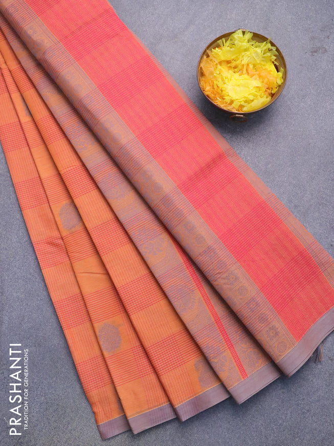 Nithyam cotton saree orange and grey with allover thread checks & buttas and piping border