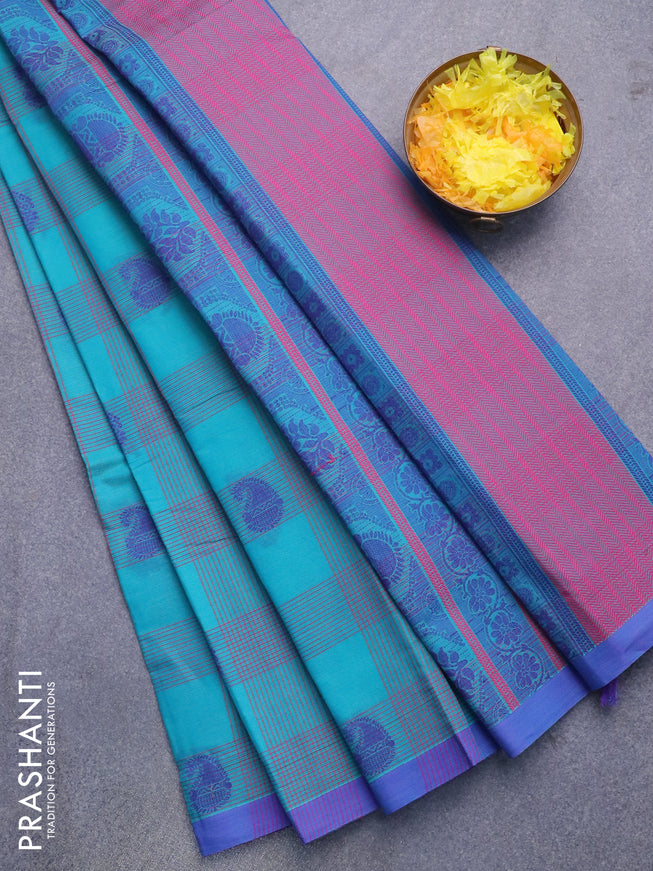 Nithyam cotton saree teal blue and blue with allover thread checks & buttas and piping border