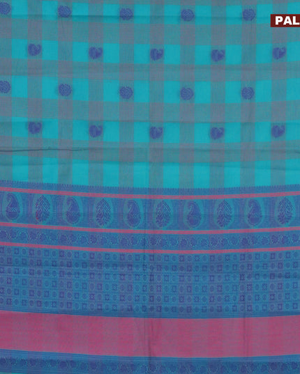 Nithyam cotton saree teal blue and blue with allover thread checks & buttas and piping border