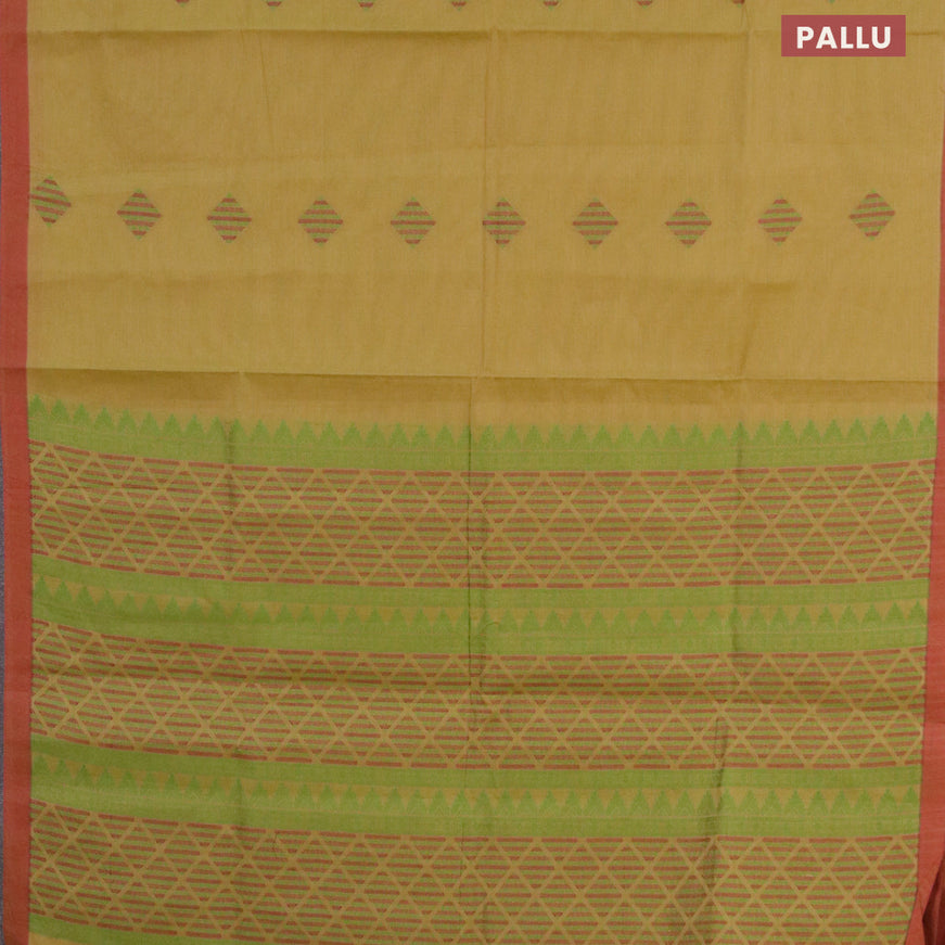 Nithyam cotton saree mehendi green and maroon with geometric thread woven buttas and piping border
