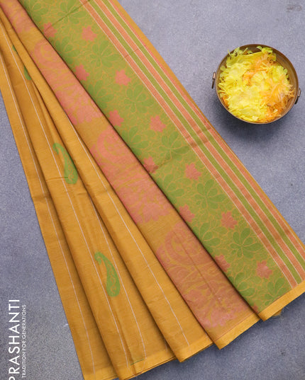 Nithyam cotton saree yellow with woven buttas and piping border