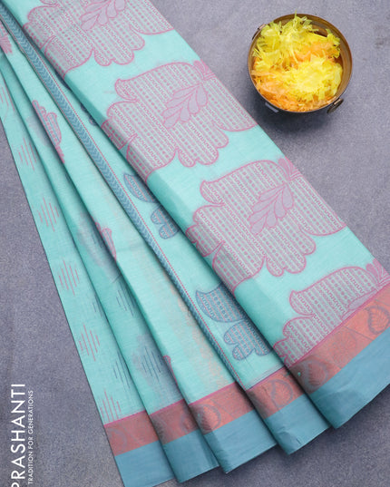 Nithyam cotton saree pastel green with allover copper zari weaves & thread buttas and copper zari woven simple border