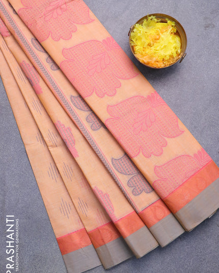 Nithyam cotton saree dual shade of mustard yellow and grey with allover copper zari weaves & thread buttas and copper zari woven simple border