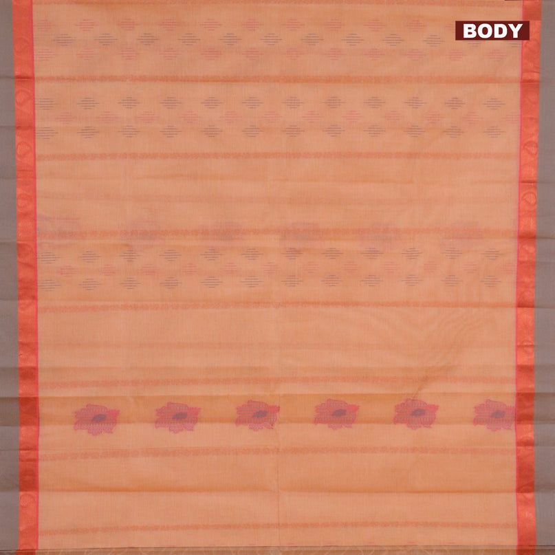 Nithyam cotton saree dual shade of mustard yellow and grey with allover copper zari weaves & thread buttas and copper zari woven simple border