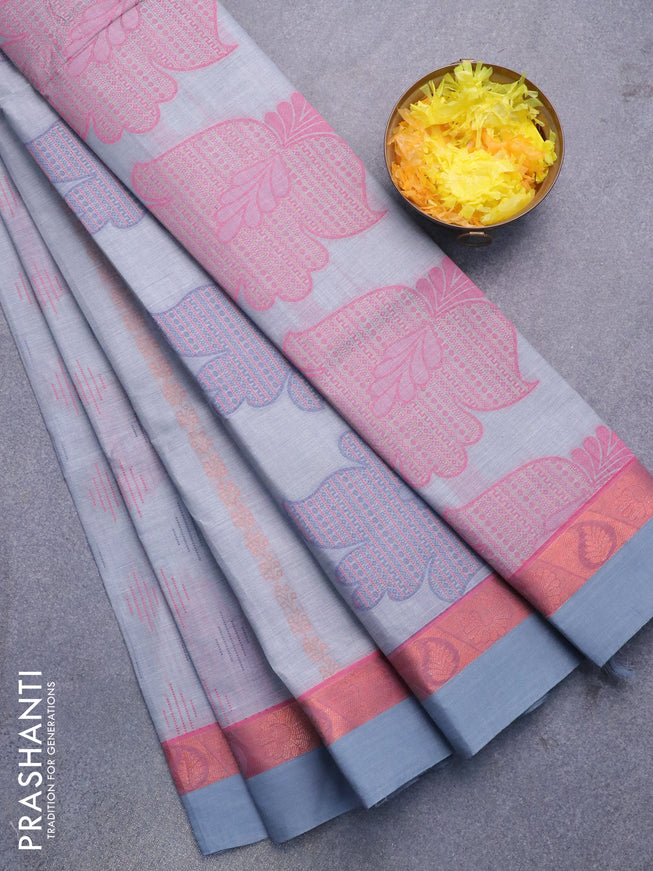 Nithyam cotton saree grey with allover copper zari weaves & thread buttas and copper zari woven simple border