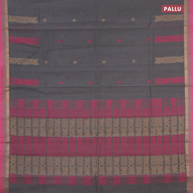 Nithyam cotton saree grey shade and pink with thread woven buttas and zari woven simple border