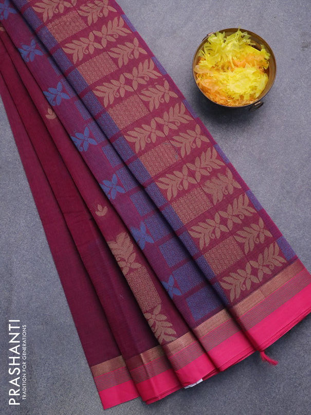 Nithyam cotton saree dark magenta and pink with thread woven buttas and zari woven simple border
