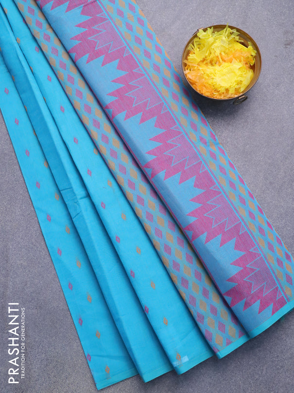 Nithyam cotton saree light blue with thread woven buttas in borderless style