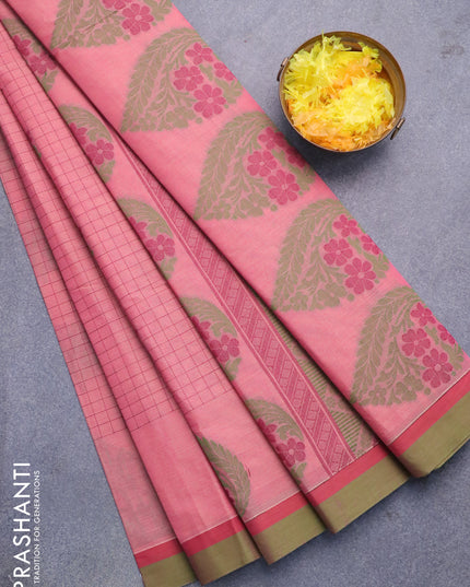 Nithyam cotton saree peach pink and green with allover thread checks & buttas and simple border