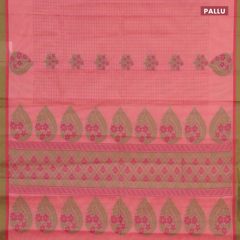 Nithyam cotton saree peach pink and green with allover thread checks & buttas and simple border