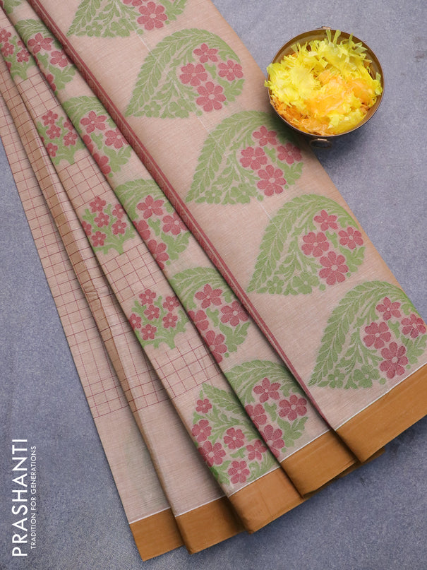 Nithyam cotton saree beige and dark mustard yellow with allover thread checks & buttas and simple border