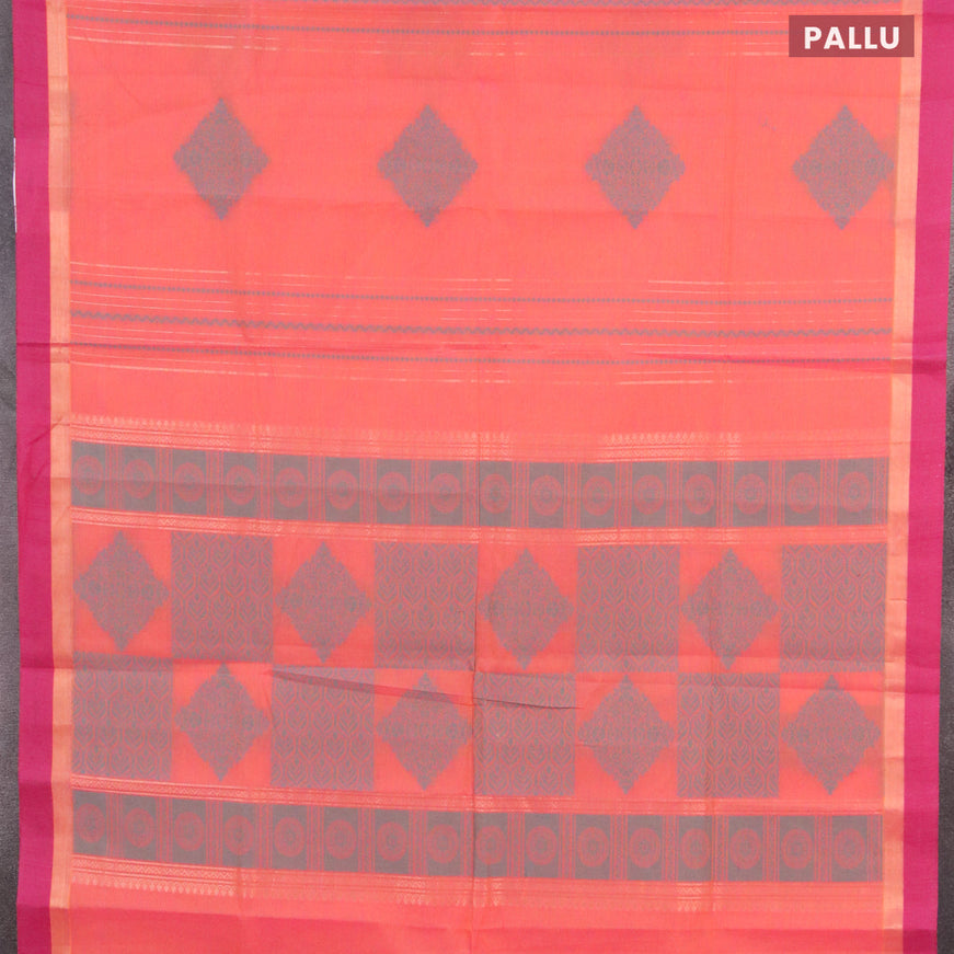 Nithyam cotton saree dual shade of pinkish orange and magenta pink with allover thread weaves and zari woven simple border