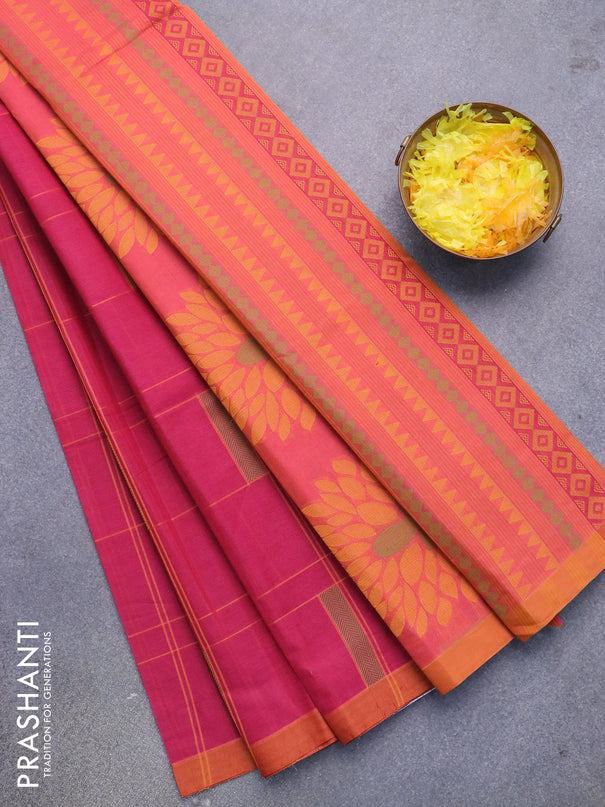 Nithyam cotton saree pink and mustard shade with allover thread weaves and simple border
