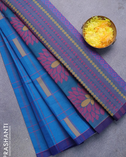 Nithyam cotton saree cs blue and blue with allover thread weaves and simple border