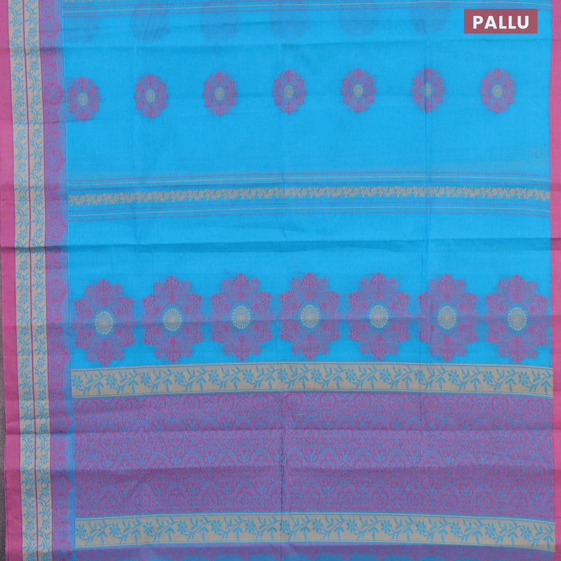 Nithyam cotton saree light blue and magenta pink with thread woven buttas and thread woven border