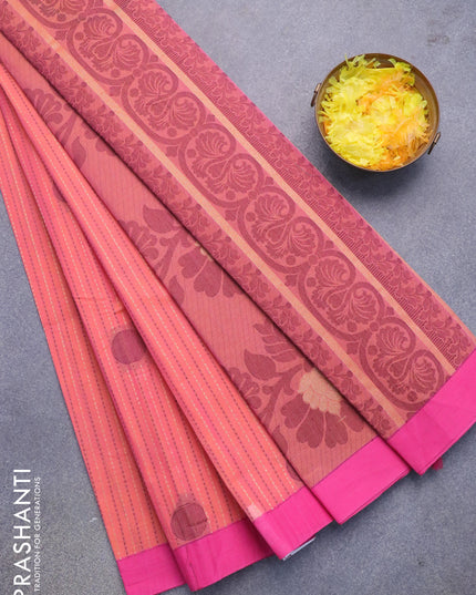 Nithyam cotton saree dual shade of pinkish yellow and pink with allover zari weaves & buttas and simple border