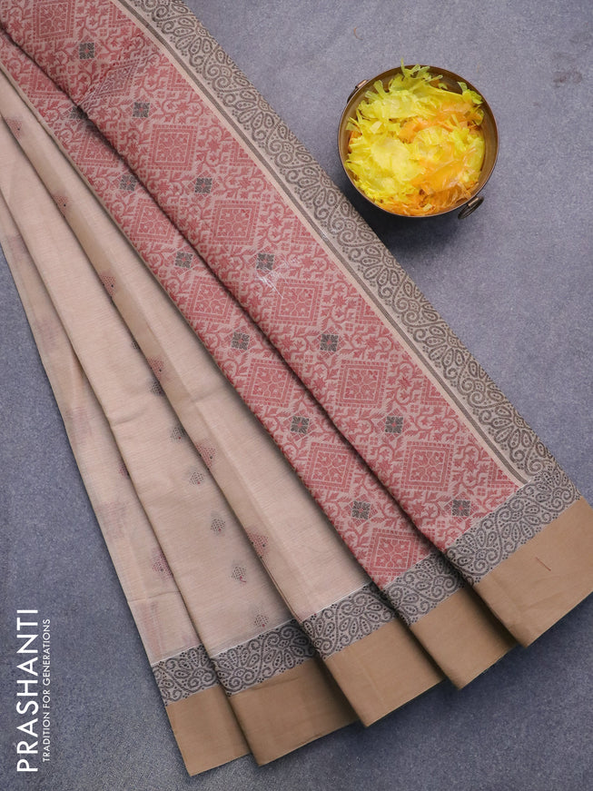 Nithyam cotton saree beige with thread woven buttas and thread woven simple border