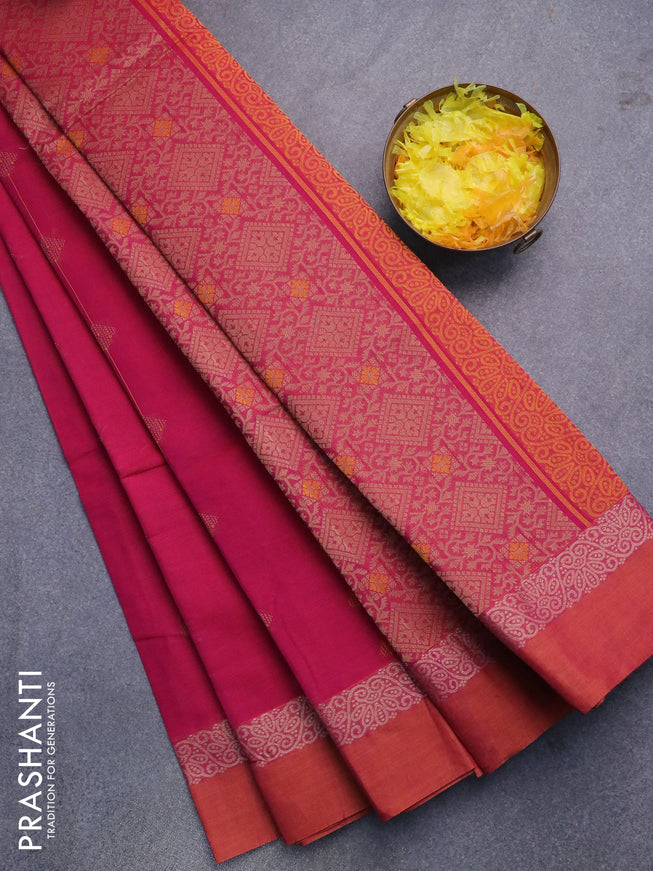 Nithyam cotton saree magenta pink and rust shade with thread woven buttas and thread woven simple border