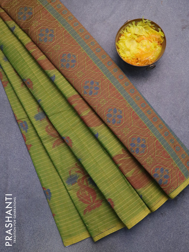 Nithyam cotton saree light green with thread woven buttas in borderless style