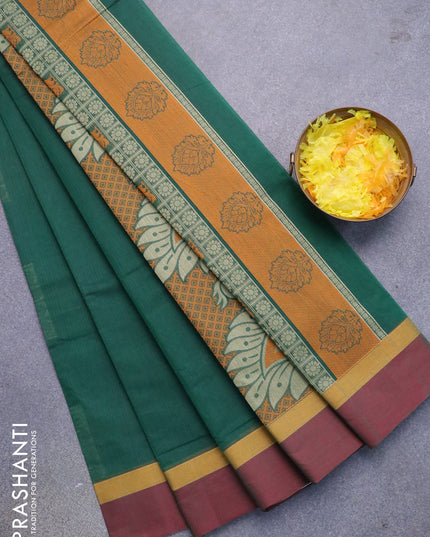 Nithyam cotton saree green and maroon shade with thread woven box type buttas and simple border