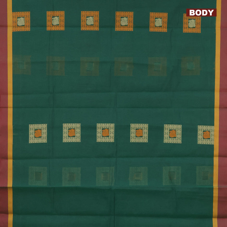 Nithyam cotton saree green and maroon shade with thread woven box type buttas and simple border