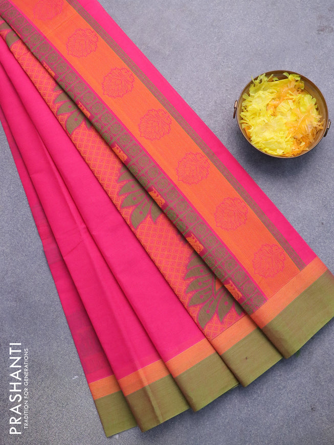 Nithyam cotton saree pink and green with thread woven box type buttas and simple border