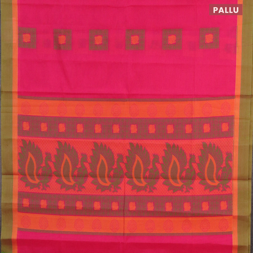 Nithyam cotton saree pink and green with thread woven box type buttas and simple border