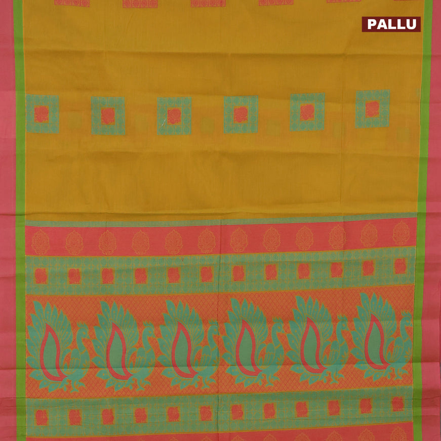 Nithyam cotton saree mustard yellow and pink shade with thread woven box type buttas and simple border