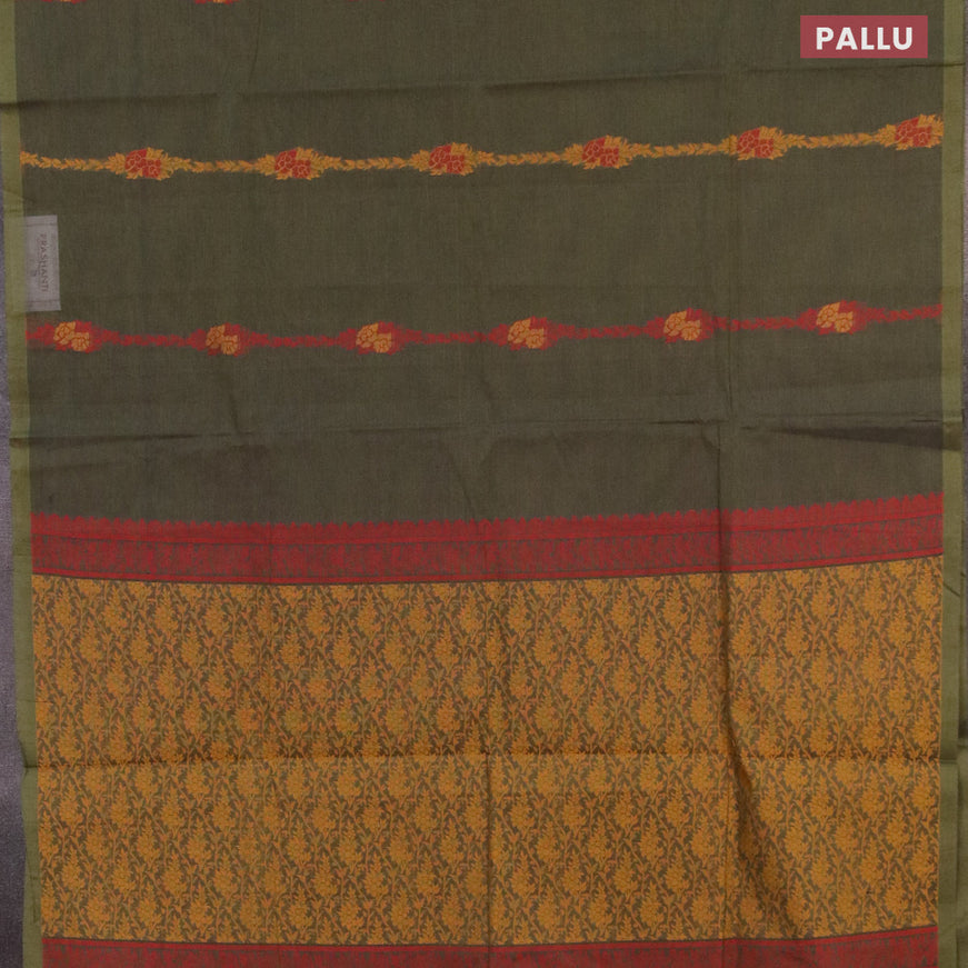 Nithyam cotton saree dual shade of sap green with floral thread weaves and simple border