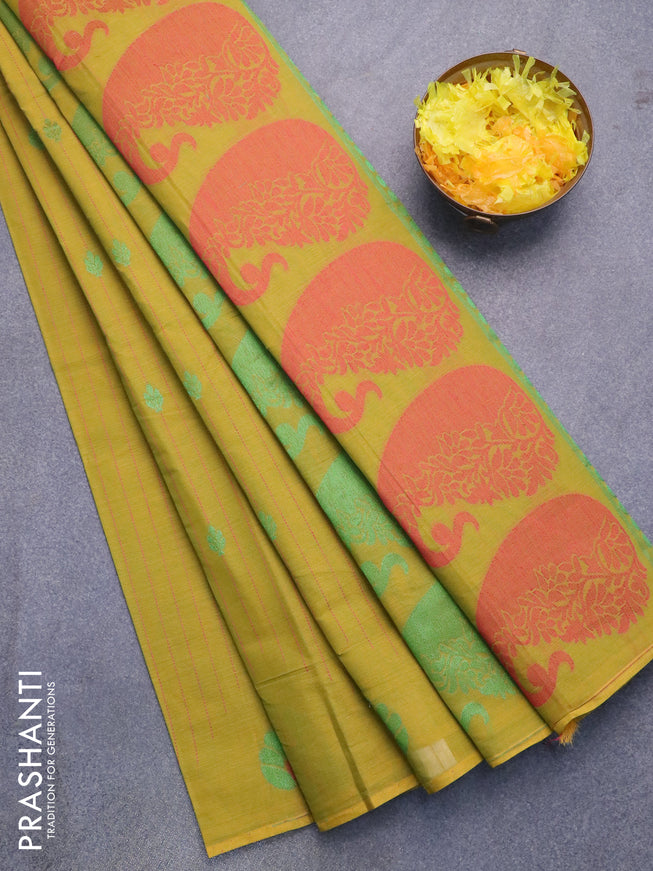 Nithyam cotton saree mustard green with allover thread stripes & zari buttas in borderless style