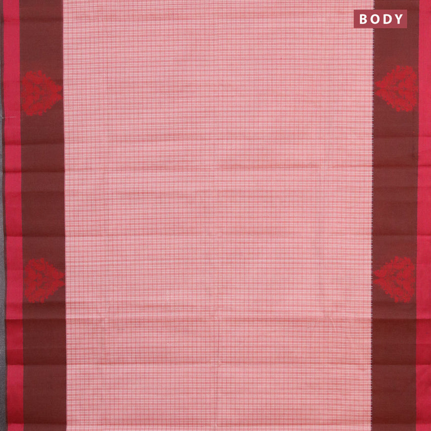 Nithyam cotton saree peach shade and brown with allover checked pattern and thread woven butta border