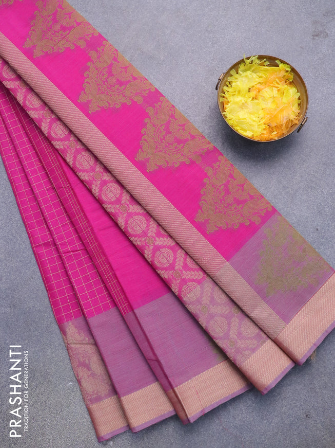 Nithyam cotton saree magenta pink and mild purple with allover checked pattern and thread woven butta border