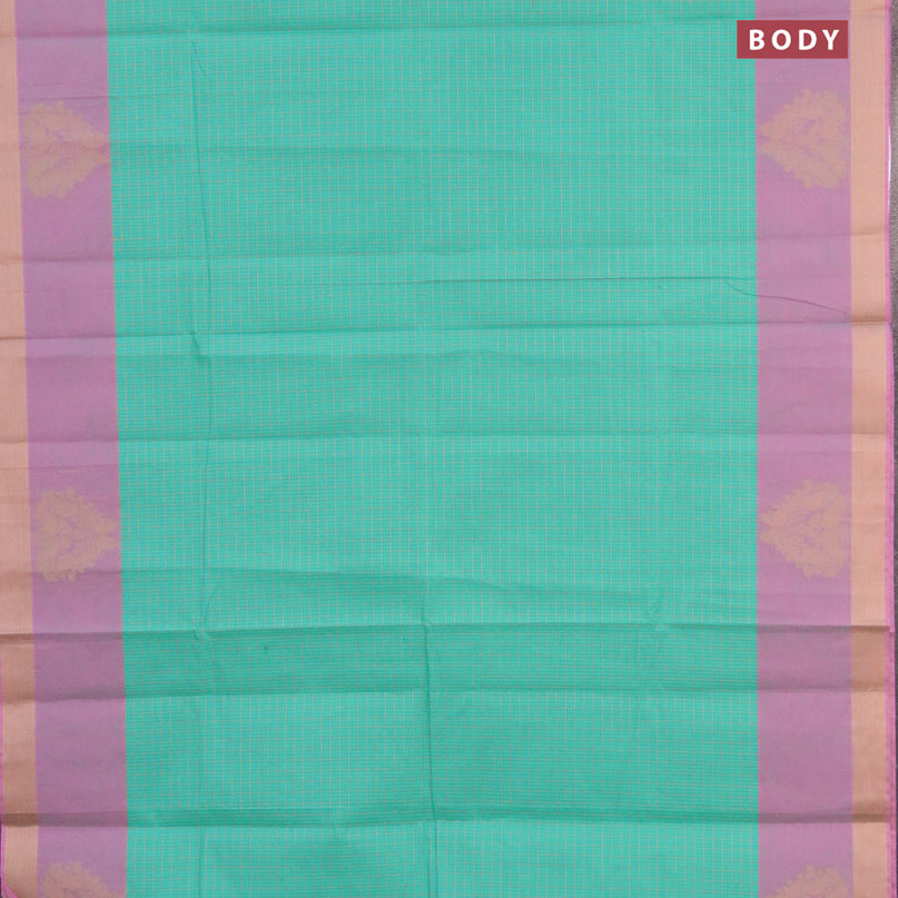 Nithyam cotton saree teal green and pink shade with allover checked pattern and thread woven butta border