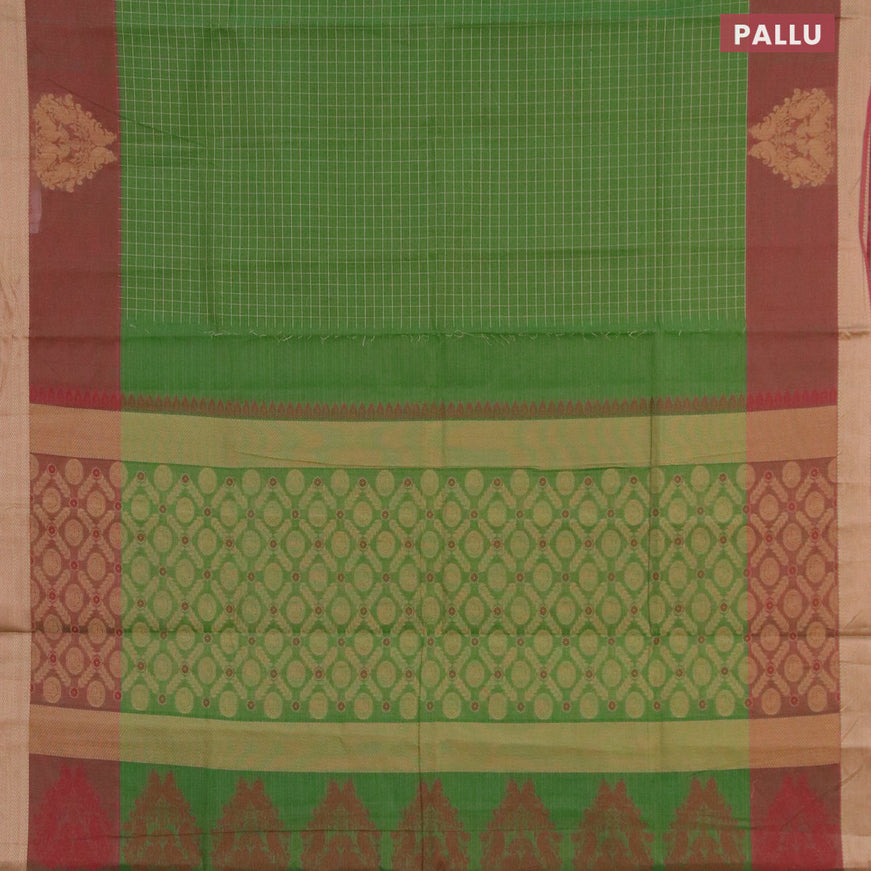 Nithyam cotton saree green and dual shade of maroon with allover checked pattern and thread woven butta border