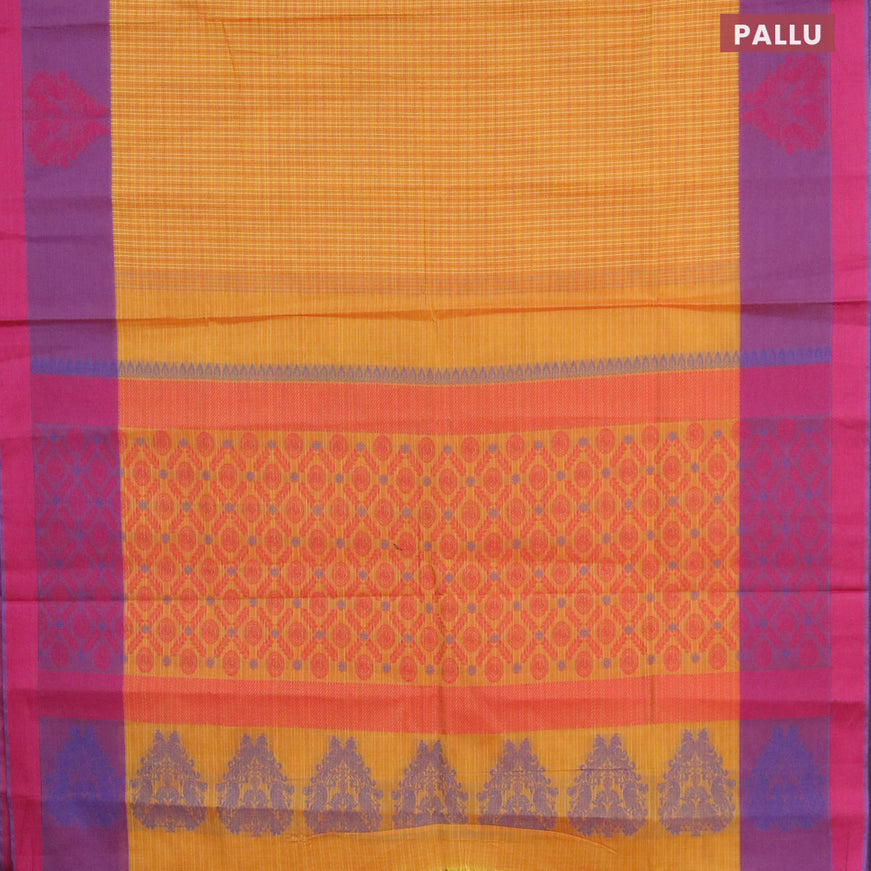 Nithyam cotton saree mustard yellow and purple with allover checked pattern and thread woven butta border