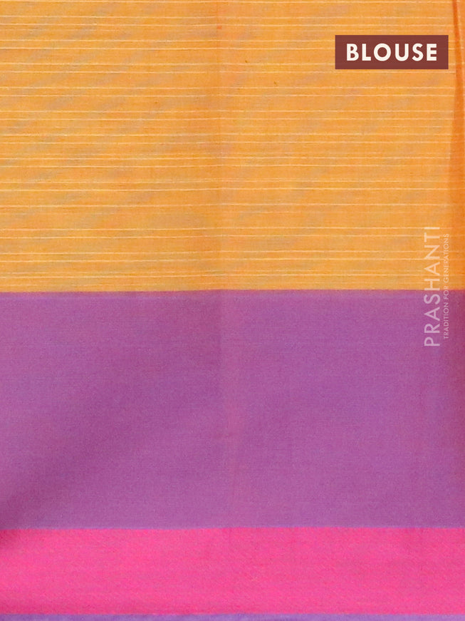 Nithyam cotton saree mustard yellow and purple with allover checked pattern and thread woven butta border