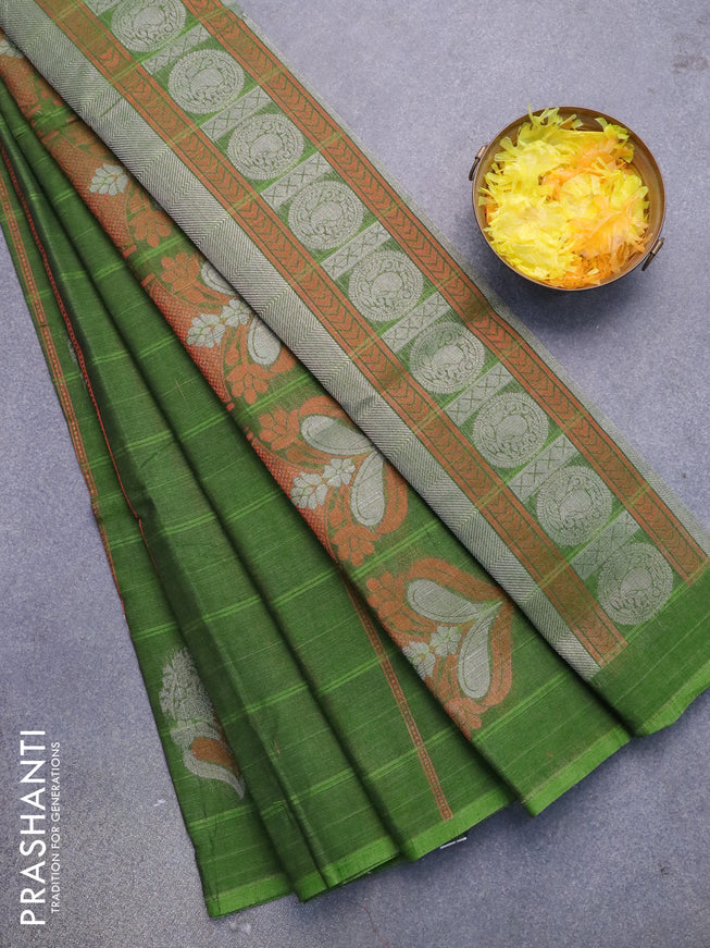 Nithyam cotton saree green with allover copper zari weaves & buttas in borderless style